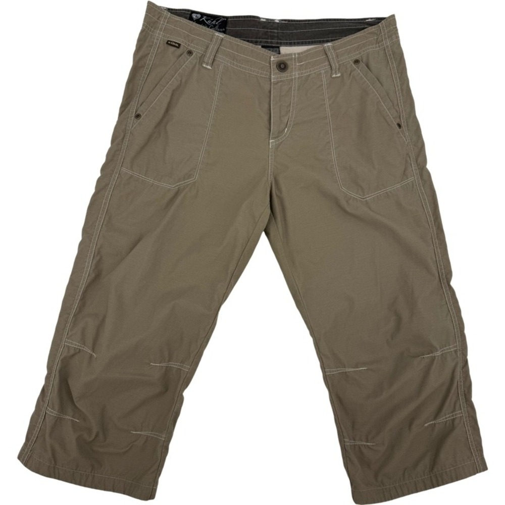 KUHL 10 Kendra Capri Pants Khaki Cotton Blend Embroidered Floral Hiking Outdoor